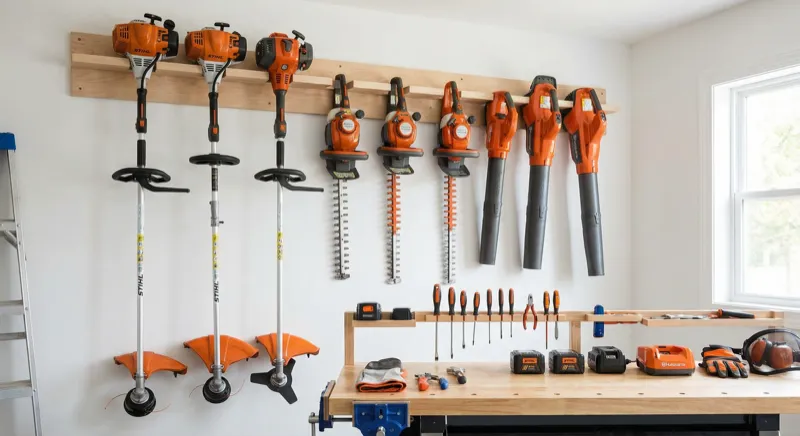 Professional landscaping tools serviced and ready for collection in Hyde, Greater Manchester